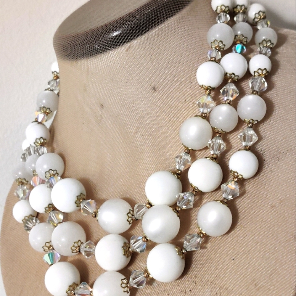 Vintage Triple Strand Necklace Lucite Moonglow with Aurora Borealis